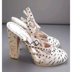 Marchesa Heels Women's 6.5 Beige Pink Suede Cut Out Studded Ankle Strap Maddie